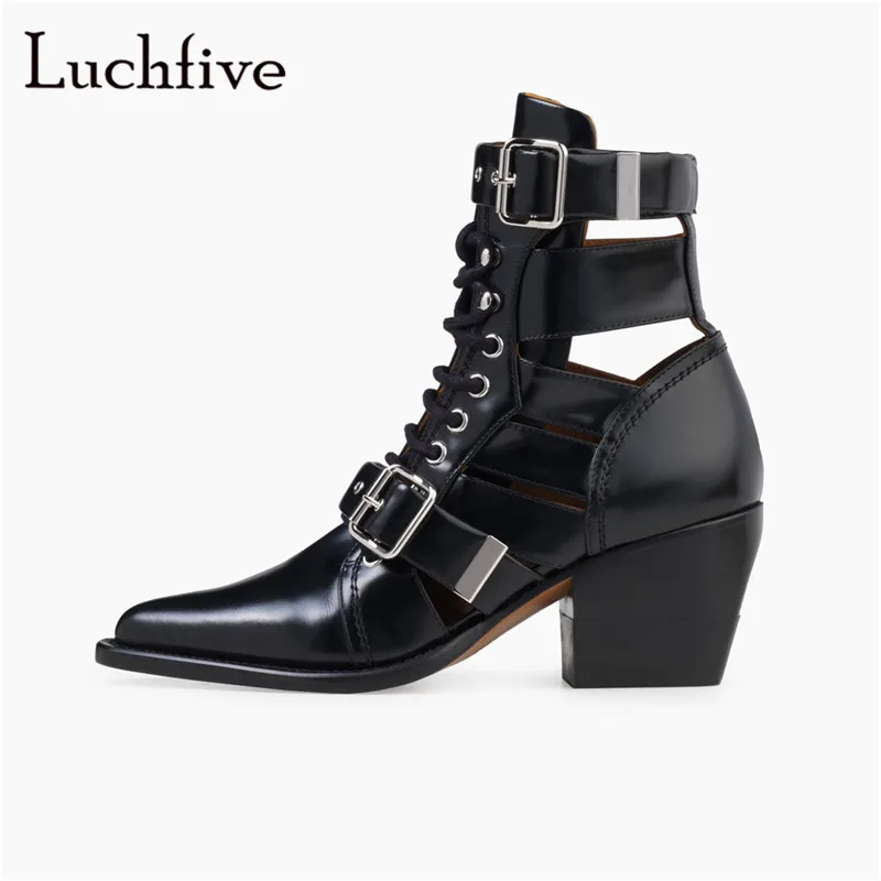 Fashion cut outs lace up women booties genuine leather sexy pointed toe buckle decoration chunky high heels ankle boots women