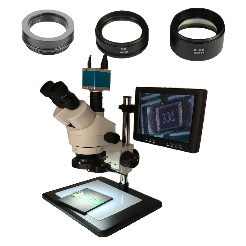 

16MP HDMI IC Soldering Video microscopio camera +3.5X 7X 45X 90X Trinocular stereo Simul Focal microscope+144 Led ring lights