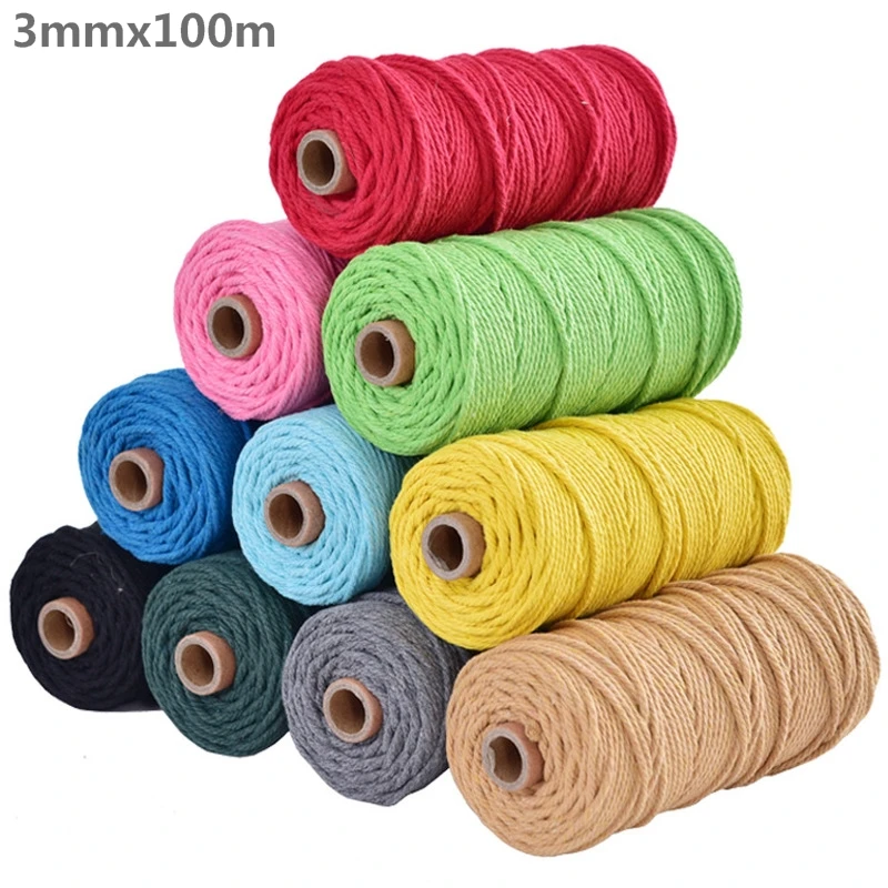 

3mm 100% Cotton Cord Colorful Cord Rope Beige Twisted Craft Macrame String DIY Home Textile Decorative supply 100m Top Quality