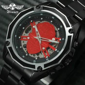 

WINNER Fashion Military Auto Mechanical Watch Men 3D Skull Skeleton Dial Stainless Steel Strap Mens Watches Top Brand Luxury