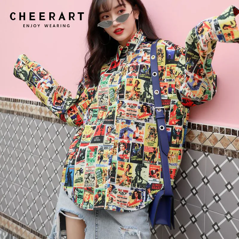 

Cheerart Streetwear Long Sleeve Blouse Print Colorful Loose Shirt Designer Women Tops Spring Shirt Korean Fashion Clothing