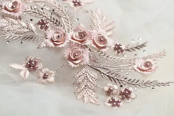 

1 piece pink lace applique, heavy bead lace applique, 3D lace applique with rhinestones, bridal headpiece