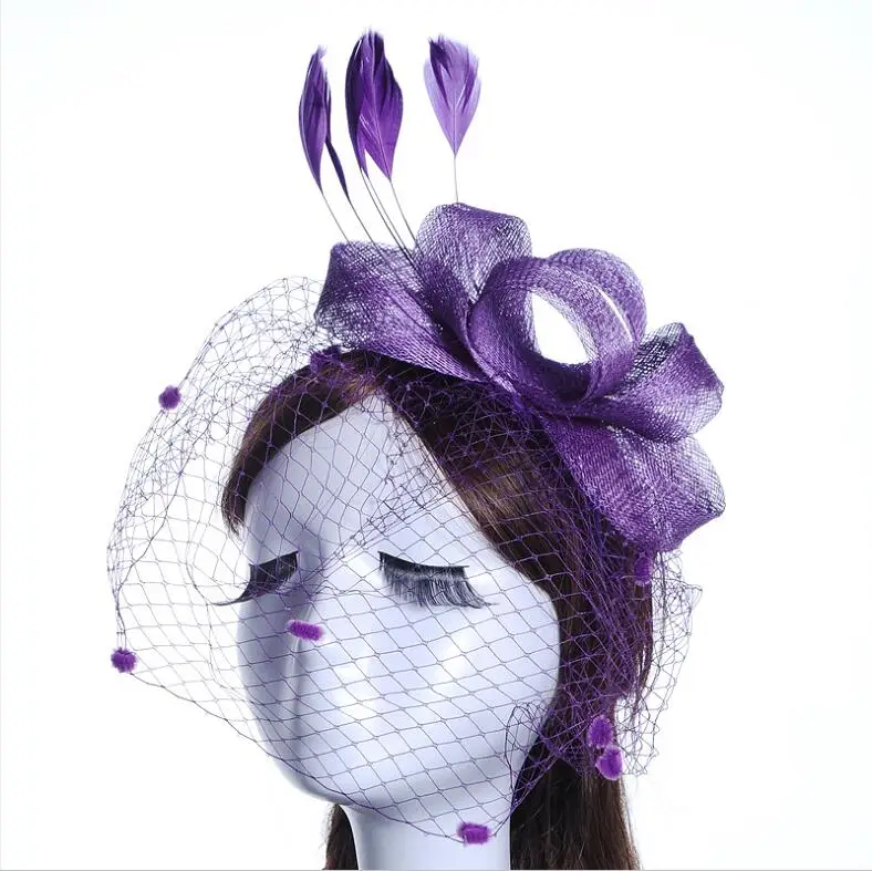 JaneVini элегантные черные свадебные шапки и Fascinators для женские вечерние свадебные сетчатый головной убор с вуалью перо свадебные аксессуары для невест - Цвет: Фиолетовый