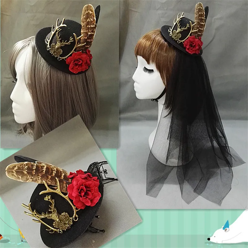 

Girls Gothic Lolita Little Hat Hairpin Steampunk Mini Top Hat Vintage Fedoras Hat Elk Floral Feather Headwear with Veil Cosplay