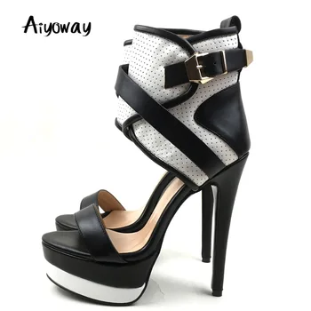 

Women Lady Peep Toe Platform High Heel Sandals Ankle Buckle Caged Aiyoway Fashion Summer Spring Party Dress Shoes Black White