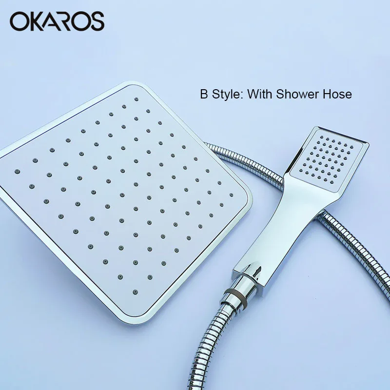With Shower Hose OKAROS spuareводопад душевая головка с ручной насадкой для душа держатель для распылителя пластиковая Хромированная Пластина водяная головка высокого давления - Цвет: With Shower Hose
