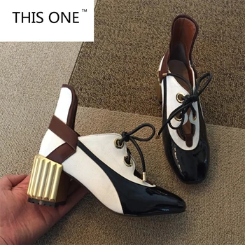 

Women's Genuine Leather Patchwork Lace-up Pumps Brand Designer Thick High Heel Spring Autumn High Quality Punk Shoes for Women