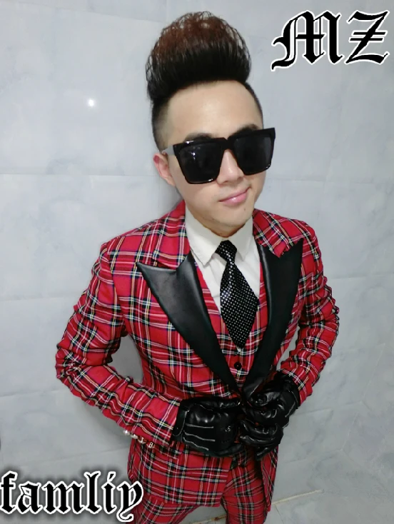 

New Men's Brand Fashion Blazers New stage singer red plaid suit trousers costumes clothing Men plus size Suits Coat S-5XL