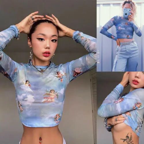 

Sexy Womens Transparent Sheer Long Sleeve Mesh O Neckline Tops Shirt Club See-through Hot Selling High Quality