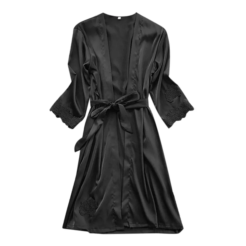 

Sexy Lingerie Women Satin Silk Lace Robe Dress Babydoll Nightdress Sleepwear Kimono Female Robes Sleepwear