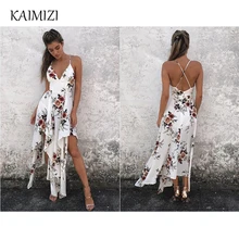 

2018 Summer V neck Irregular Sleeveless Chiffon Floral Print Long dress Beach Casual Party Sexy Women Bohemian Dresses Two Color