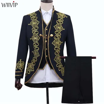 

New Man Fashion Embroider Wedding Party Slim Fit Blazer Coat and Vest Pant Groom Mens Stage Wear Singer Costume Blazer Suit 1281