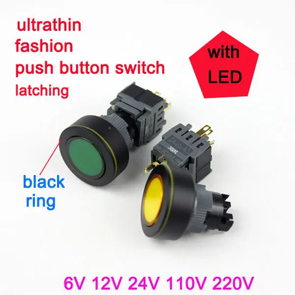 

HABOO dia.16/22mm illuminated push button switch latching on-off switch with black ring SPST 6V 12V 24V 110V 220V LED switch