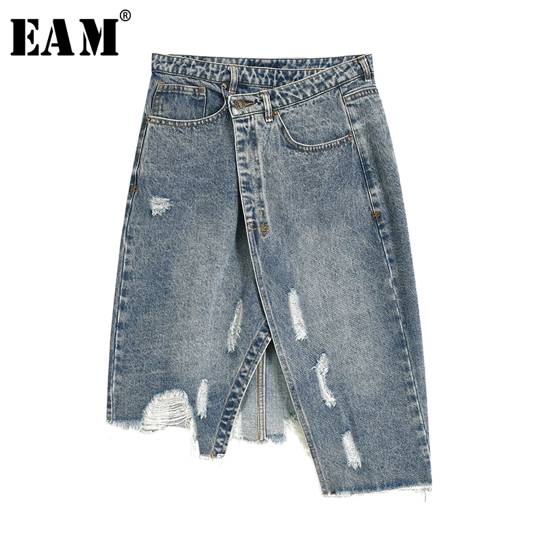 

[EAM] 2019 New Spring Summer High Waist Pockets Button Vintage Cross Irregular Half-body Skirt Women Fashion All-match JY826