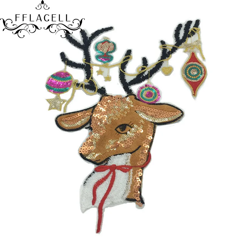 

FFLACELL Animal Designs Christmas Deer Embroidered Patches Clothes Cute Sequins Patch DIY Hotfix Motif Applique