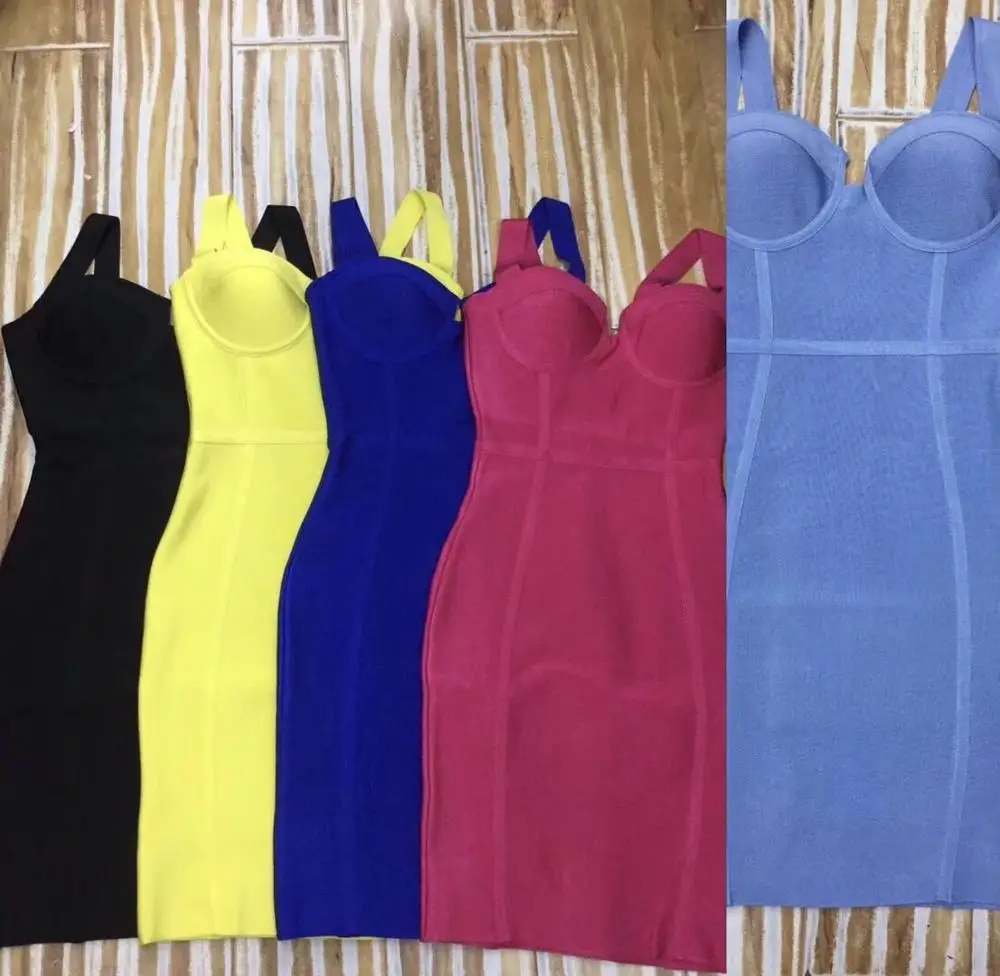 

2019 Summer Sexy Fashion Women's New black yellow blue hot pink Celebrity Party Bandage Dress Wholesale