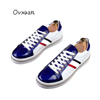 

OVXUAN Famous Luxury Brand Dress Shoes Men Italian Style Striped Lace Street Hip Hop Flats Shoes Fashion Male Flat Ankle Boots