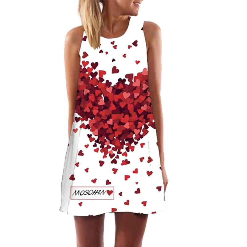 

Women Short Dress New Red Hearts Print Sleeveless Summer Dress A-line Casual Loose White Chiffon Dresses Vestidos Verano 2018