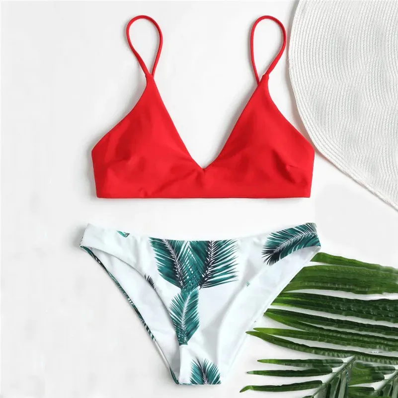 

Women's swimming suit Bathing suit Bikini 2019 Solid push up sexy leaf print fresh split Swimwear Beachwear Swimsuit Biquini 4as