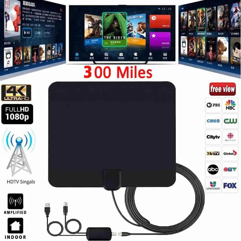 MeterMall ультра тонкая плоская внутренняя HD ТВ усиленная HD ТВ антенна 16 футов коаксиальный 300 км