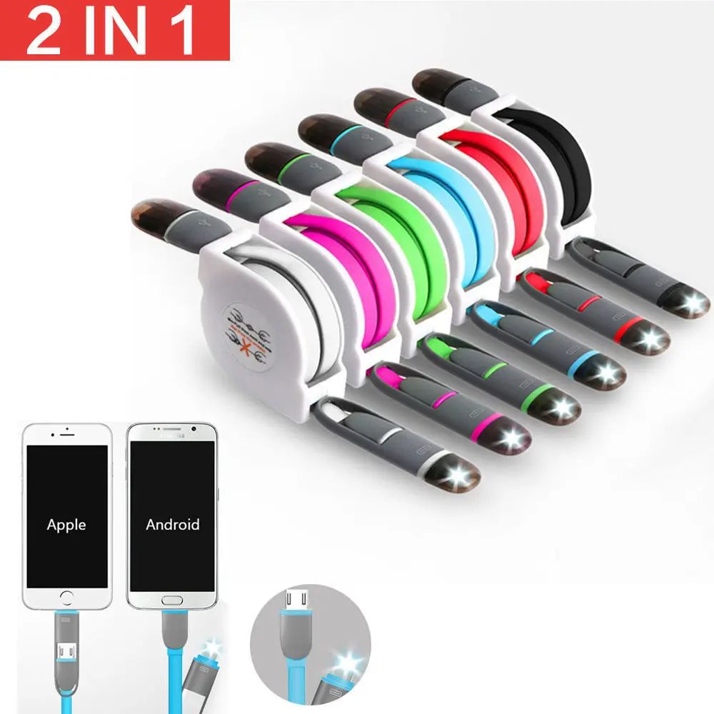 Retractable 2 in 1 Micro USB Port + for IOS Data Cable for iPhone Samsung Xiaomi Huawei Charging Cellphone Data Transfer Cable U Retractable 2 in 1 Micro USB Port + for IOS Data Cable for iPhone Samsung Xiaomi Huawei Charging Cellphone Data Transfer Cable U