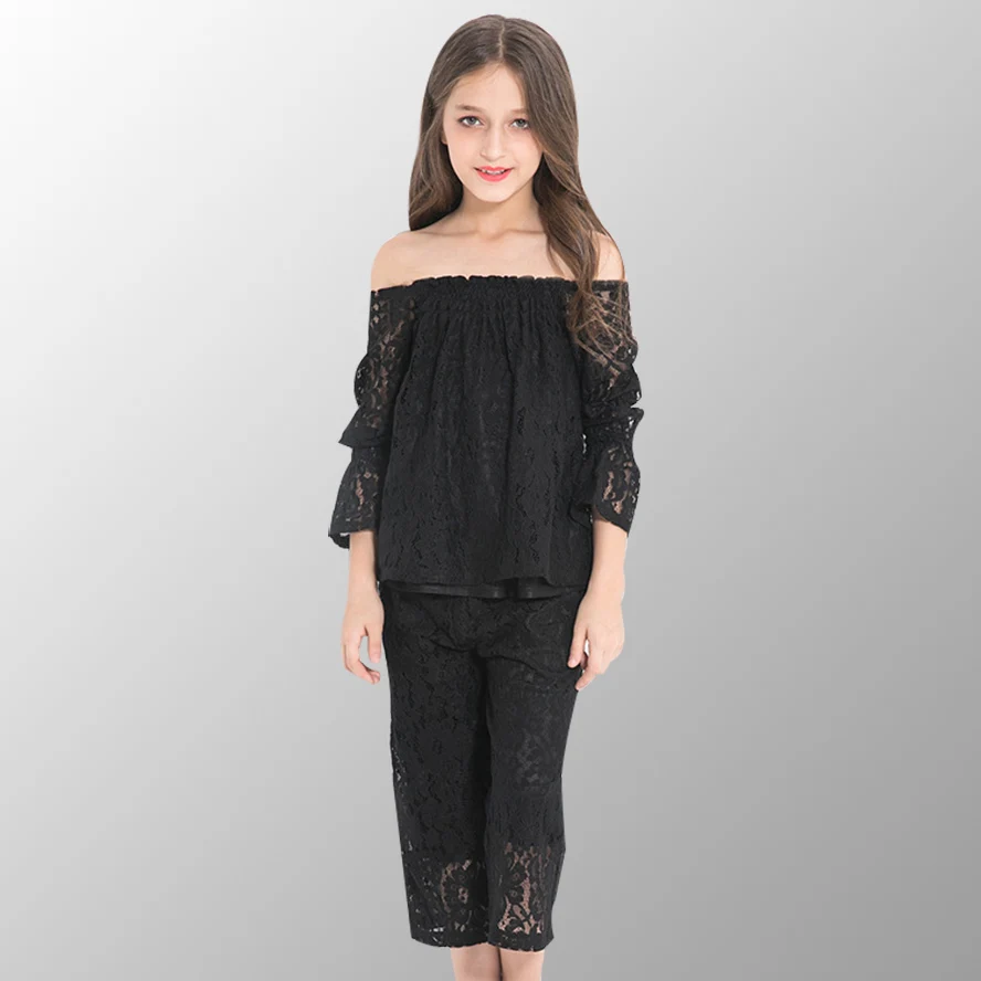 

Girls Clothing Sets 2pcs Summer Fashion Elegant Teenage Black Lace Sets Princess Party Clothing for 6 8 10 12 14 years old