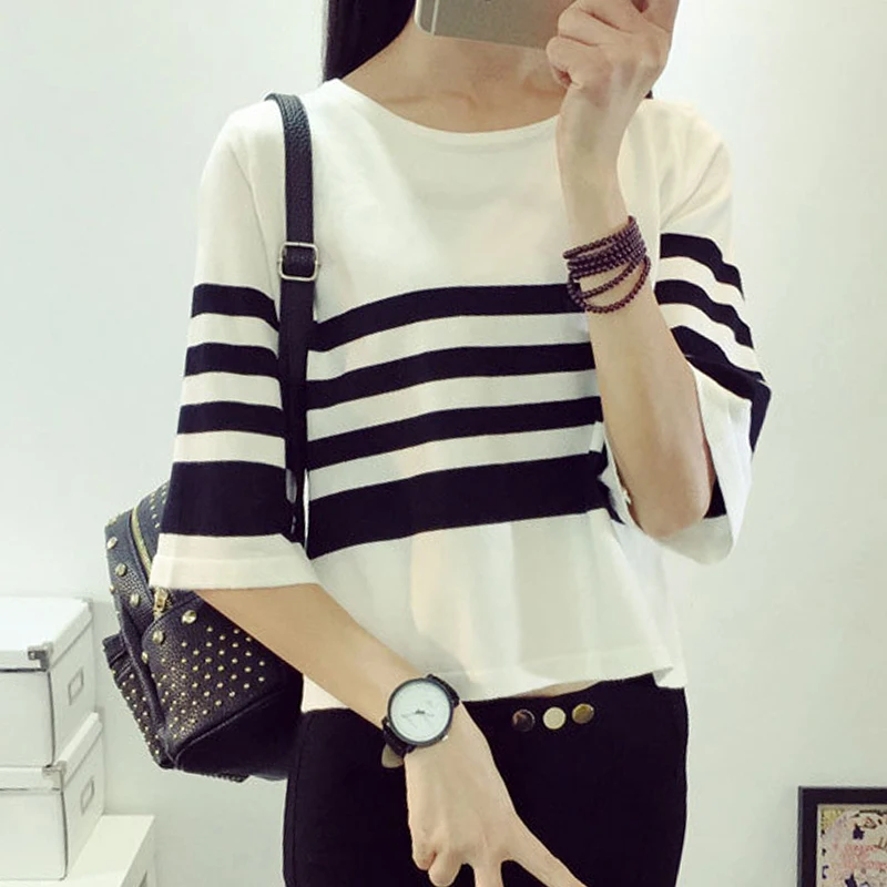 Spring and summer pullovers new Korean version of the striped sleeve loose large yards bat thin sweater women's 7553 | Женская
