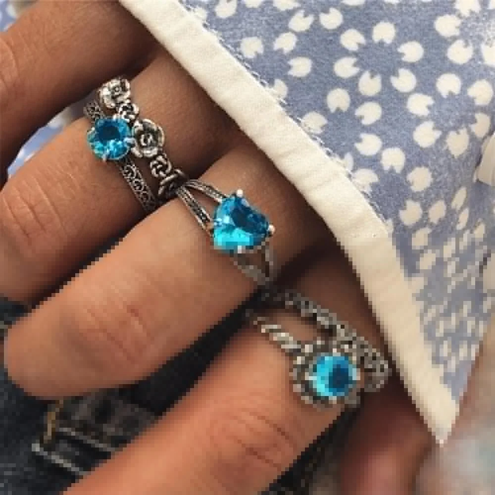 

Bohemian heart round Blue crystal ring set female wedding anniversary day dance party ring Femme jewelry Gift Accessories
