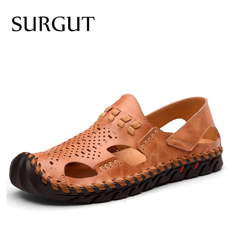 Мужские слипоны из натуральной кожи SURGUT, коричневые прошитые сандалии с ремешком на лодыжке, обувь из натуральной кожи для отдыха и вождения, пляжные повседневные босоножки для лета