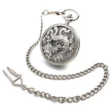 Flower Engraving Skeleton Steampunk Silver Tone Case Hand Wind Mechanical Men’s Pocket Watch w/Chain Half Hunter Watch