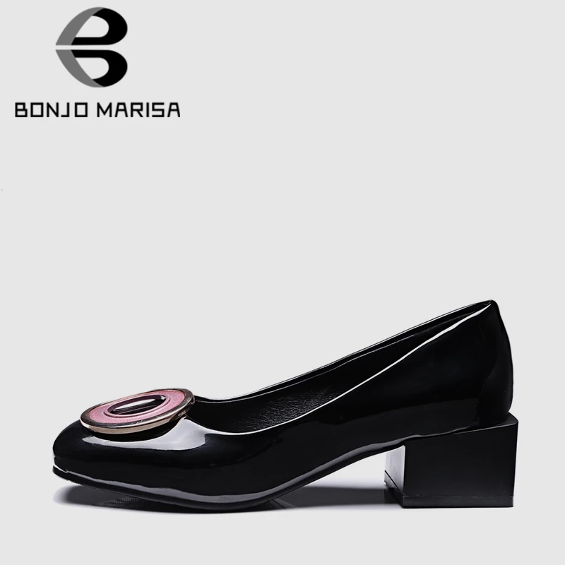 

BONJOMARISA 2019 New Same Brand Design Spring Circle Pumps Women Plus Size 32-48 Patent Pu Black Med Wide Heels Shoes Woman