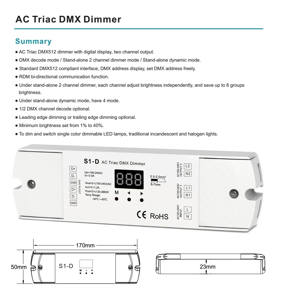 AC симистор DMX512 диммер 220 В 230 В 110 В 120 В 240 В двухканальный затемнения dmx контроллер LED лампы triac диммер S1-D