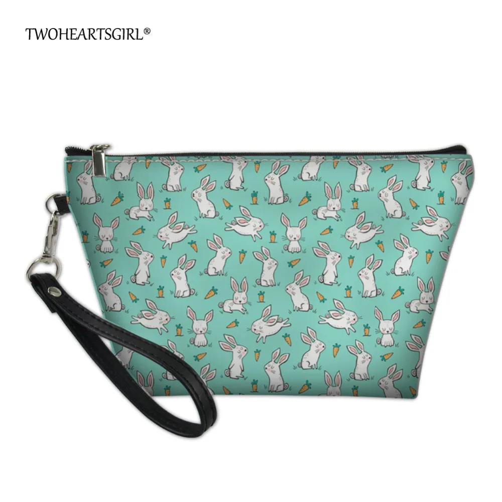 Twoheartsgirl Mint Green Cosmetic Bag Women Rabbit Printing Make Up