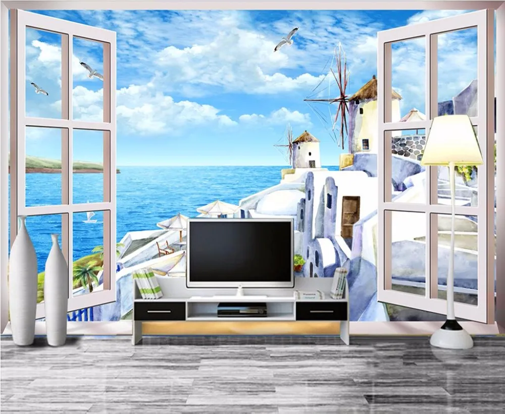 

3d wallpaper custom photo White castle Windows sea view Mediterranean painting 3d wall room murals wallpaper for walls 3 d