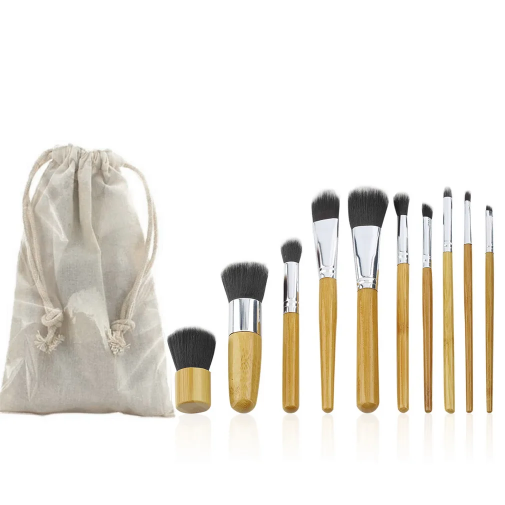 10 Pcs Pro Makeup Brushes set kits Bamboo Handle+Synthetic Material