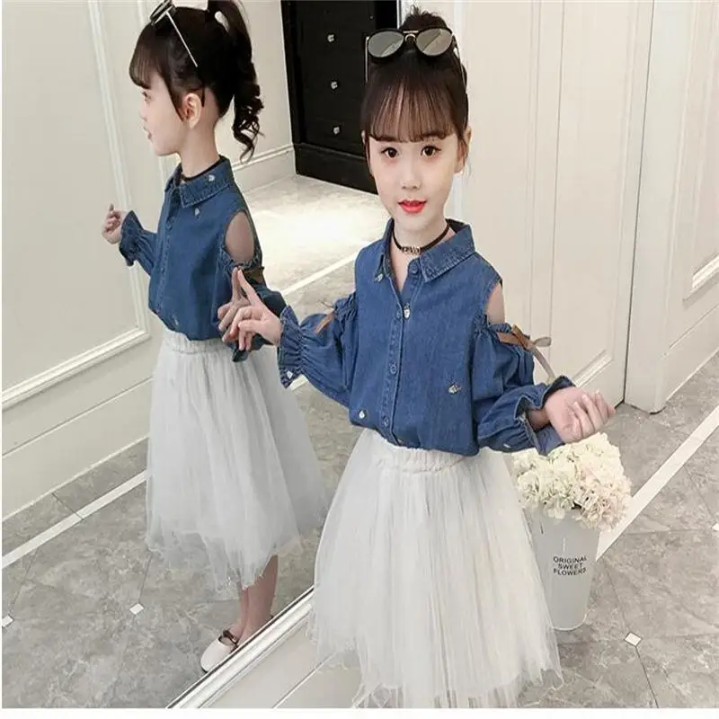 

Baby girl spring suit skirt 2019 new Korean version of the foreign girl girls denim shirt mesh skirt two-piece denim skirt