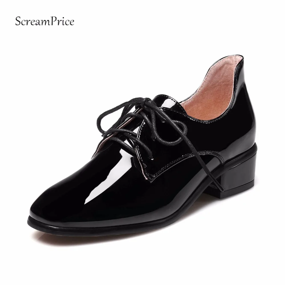 

Genuine Leather Thick Heel Pumps Women's Fashion Square Toe Lace Up Dress Office Shoes Black Wine Red
