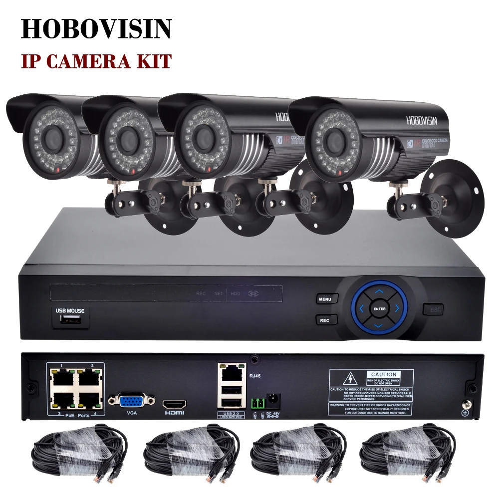 HOBOVISIN 4CH POE IP camera System 720P/960P/1080P Surveillance System  48V POE 4CH NVR+4PCS Metal 36IR LEDS IP Camera CCTV KIT