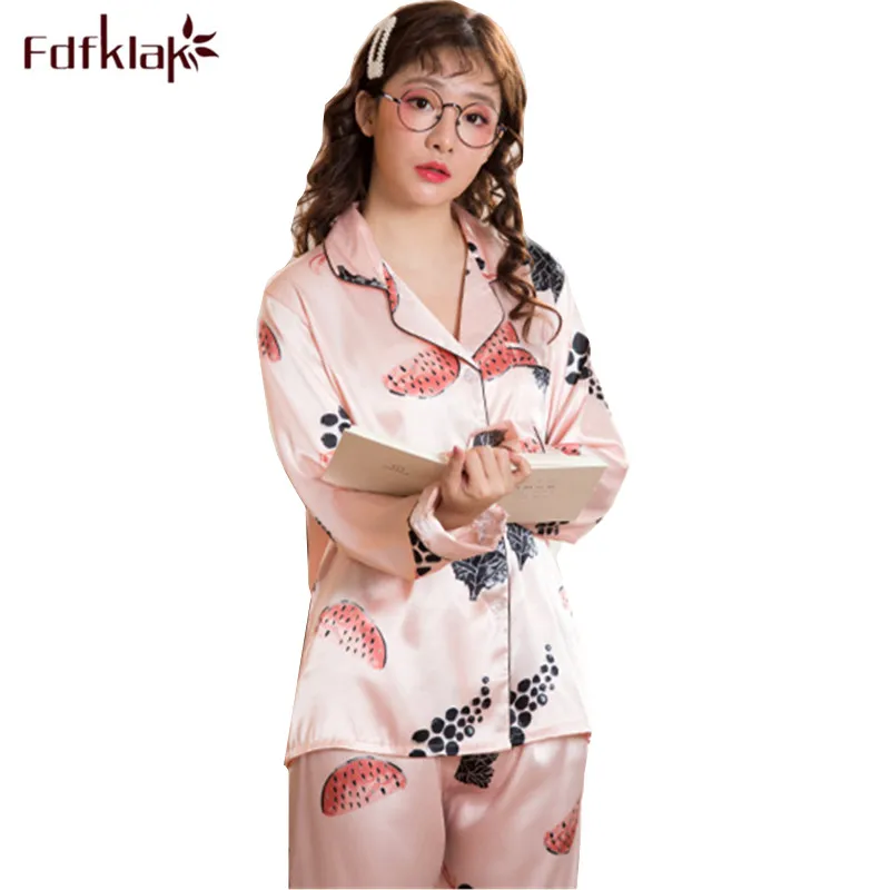 Fdfklak Two piece pajamas set long sleeve silk sleepwear female home clothes print spring summer pyjamas women nightwear pijama | Женская