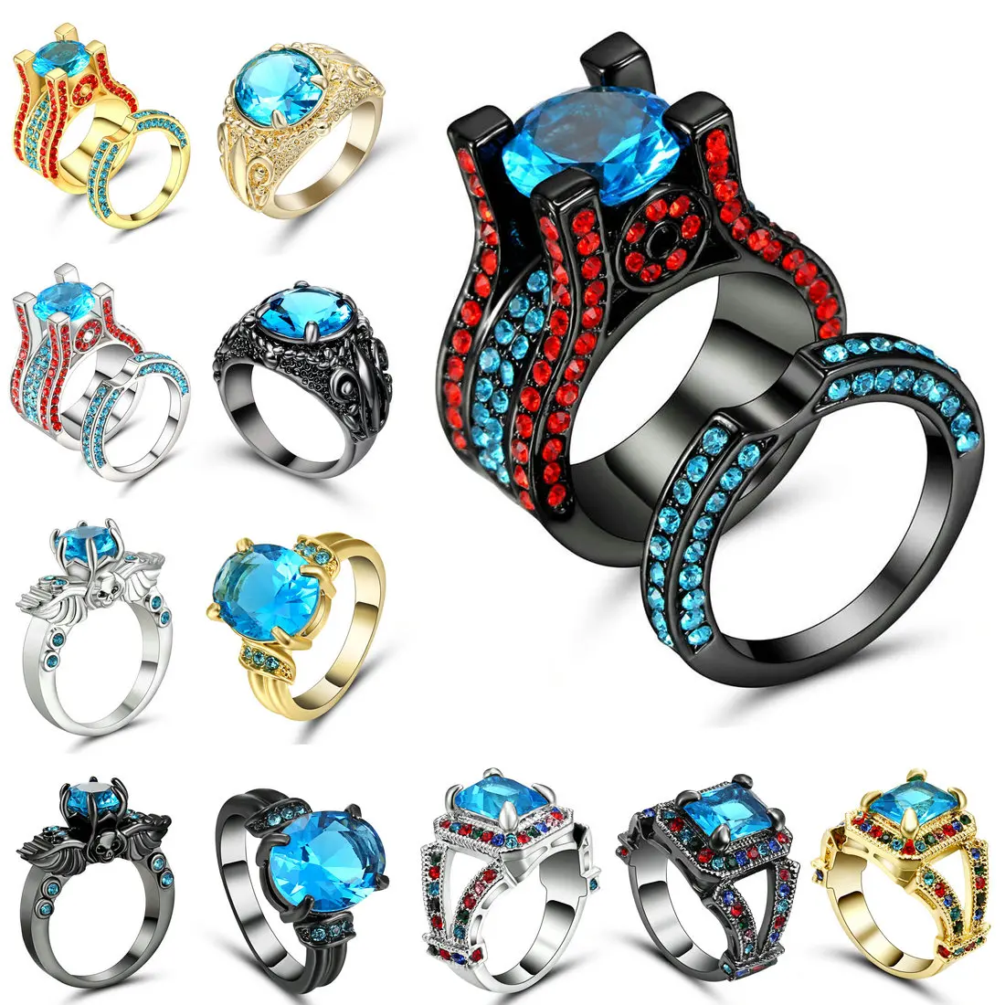 Кольцо женское серебристое/золотистое с голубым цирконом Размер 6|ladies rings|ring womenblue