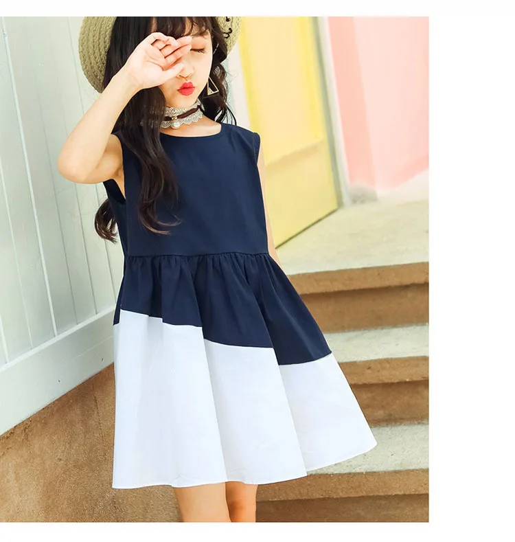 bow little big girls princess dress sleeveless blue white patchwork kids dress summer 2017 child party dresses children clothing (2)
