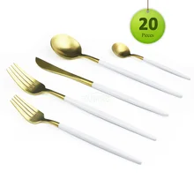 20Pcs/Set Stainless Steel Gold Cutlery Set White Handle Dinnerware Knife Fork Scoops Dessert Fork Teaspoon Dinnerware Set for 4