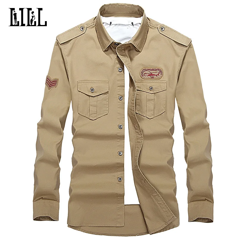 Military Mens Shirts Long Sleeve Fashion Embroider Cotton Uniform Pilot Shirt