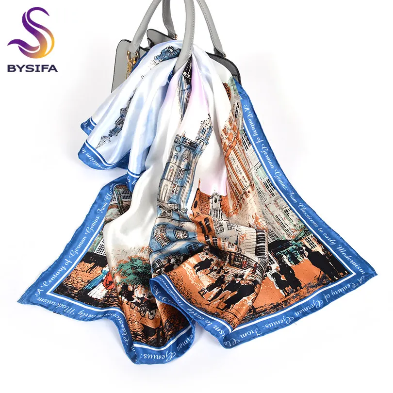 

[BYSIFA] Blue White Women Silk Scarf Shawl New City Oil Painting Letters Design 100% Silk Square Scarves Brand Neck Head Scarf