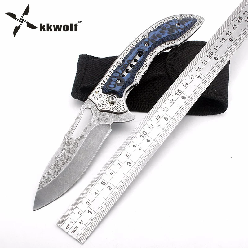 

KKWOLF Tactical Folding Knife engraving Stone wash Blade Portable Camping Survival Pocket Knives Hunting Tactical Knife EDC Too