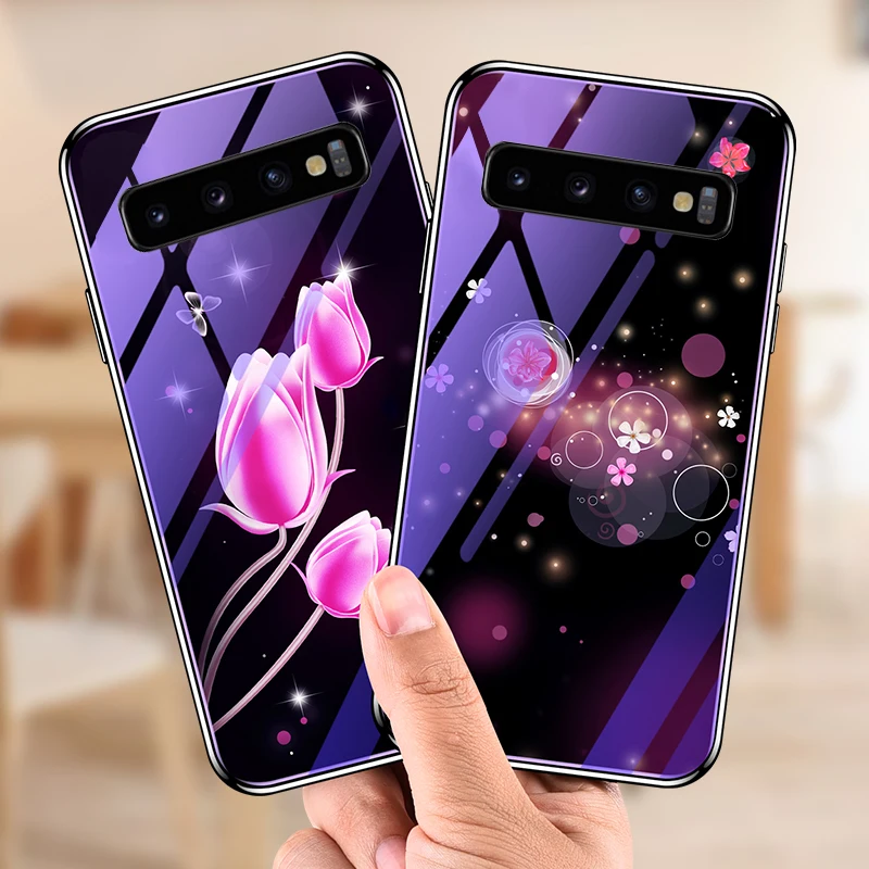 

For Samsung Galaxy S10 Plus Case Luxury Tempered Glass Bumper Blue Ray Flower Deer Coque Back Cover for Samsung S10 Case fundas