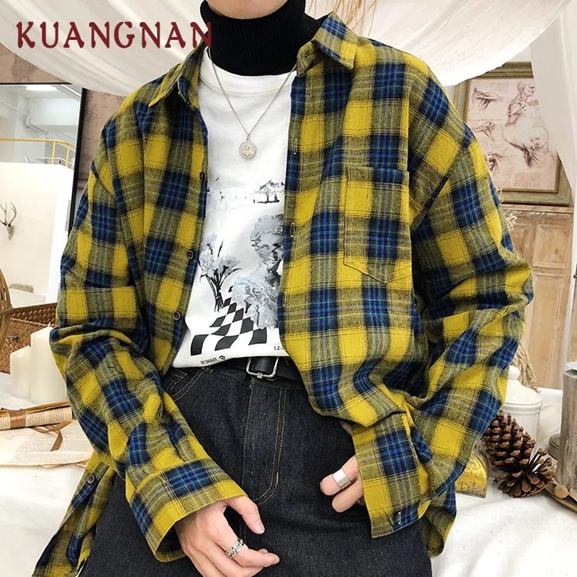 

KUANGNAN Plaid Men Shirt Long Sleeve Casual Slim Fit Hip Hop Streetwear Men Shirt Man Casual Plaid Shirt Men Clothes 2019 New