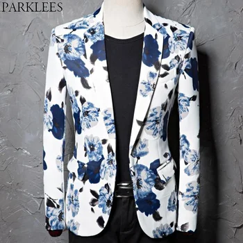 

Blue Flower Print Blazer Jackets Men Stylish One Button Lapel White Wedding Dress Suit Coats Singer Casual Floral Stage Costumes