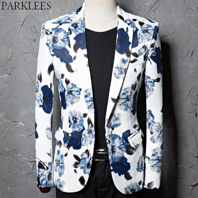 Blue Flower Print Blazer Jackets Men Stylish One Button Lapel White