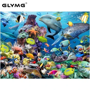 

GLymg 5D Diy Sea World Dolphins Diamond Embroidery Tropical Fish Diamond Painting Cross Stitch European Home Decor Square Drill